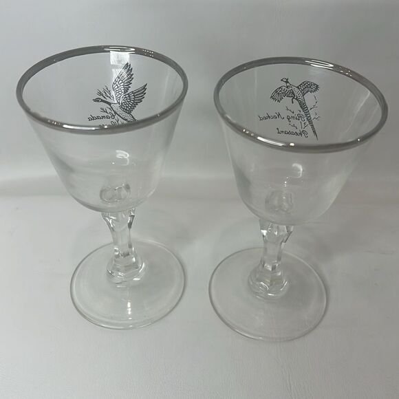 Tiffin Pheasant Grouse Crystal Stem Cocktail Goblet 3 Oz Silver Trim Rim Set 2 - Picture 3 of 8